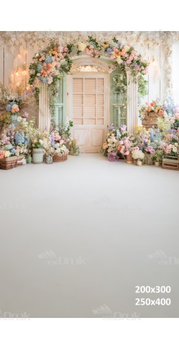 Tło fotograficzne „Romantyczne drzwi pastelowe wśród ogrodu pełnego kwiatów” | E676